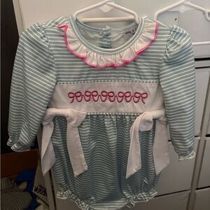 Striped Blue & White Baby One-Piece Bodysuit with Pink Trim
